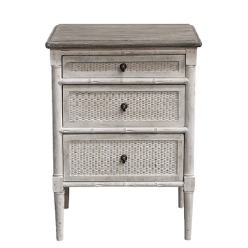 French Colonial Three Drawer Bedside Table - Antique White