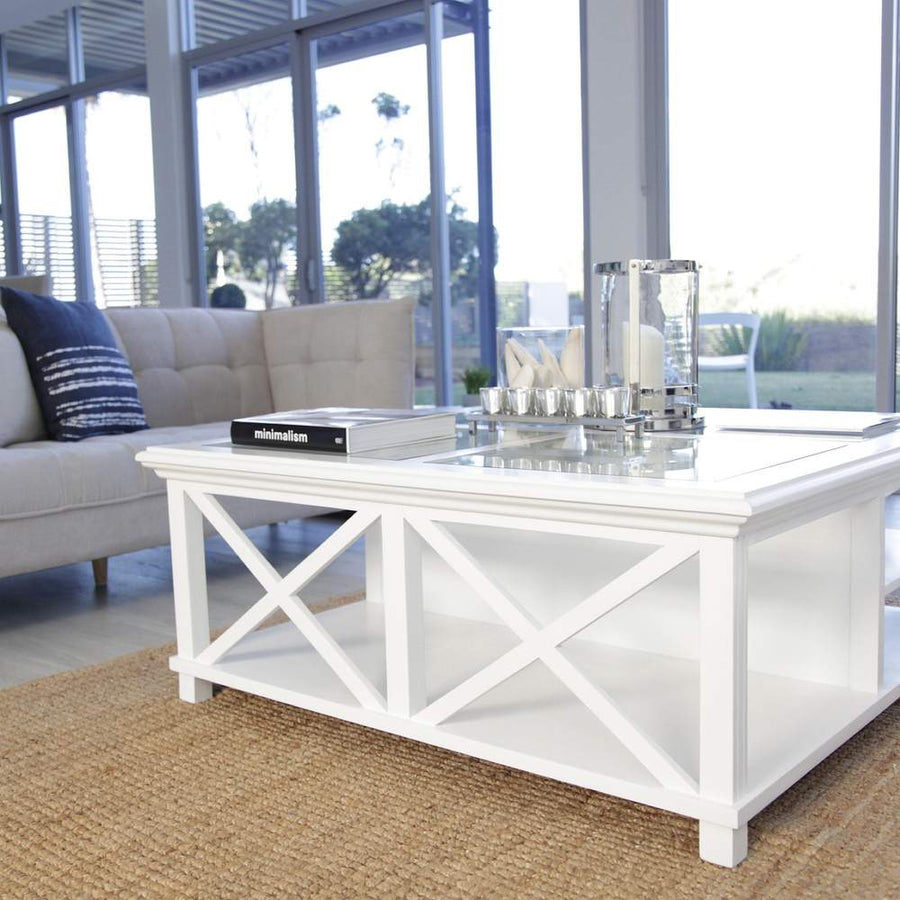 Hamptons White Glass Top Square Coffee Table