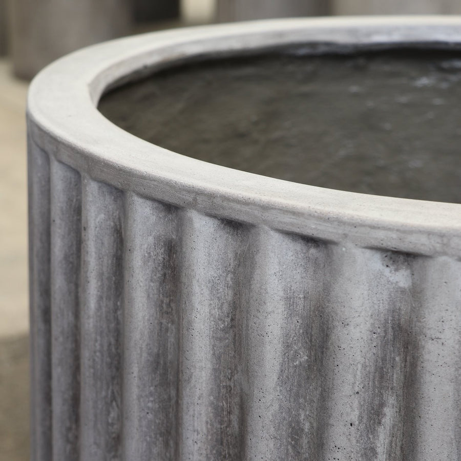 East Hampton Weathered Grey Ribbed Cylinder Concrete Pot - Medium