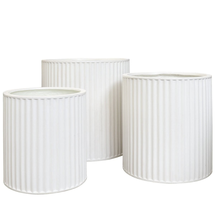 East Hampton White Ribbed Cylinder Concrete Pot - Medium