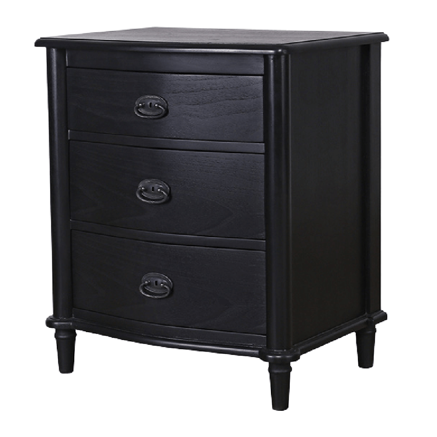 French Three Drawer Bedside Table - Rustic Black
