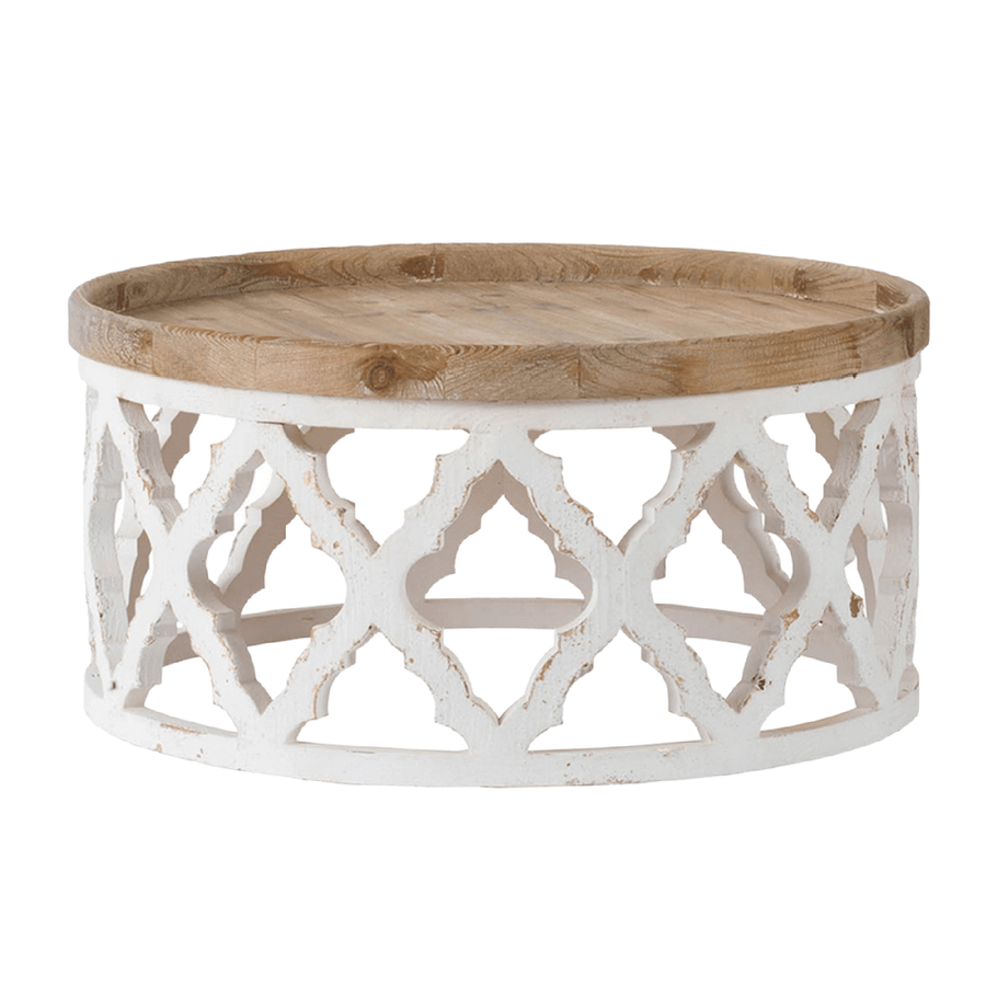 Round Lattice Coffee Table 85cm- Weathered White & Natural