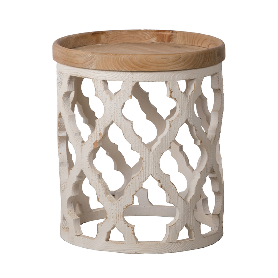 Round Lattice Side Table 50cm - Weathered White & Natural