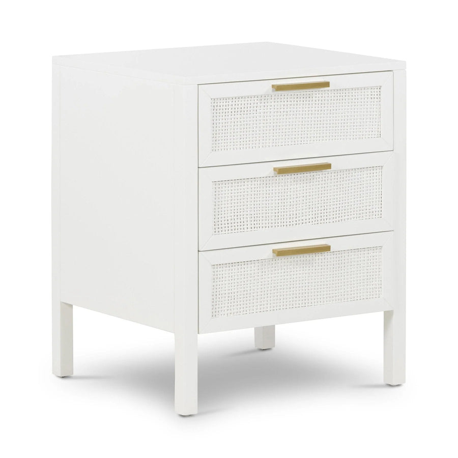 White Rattan Three Drawer Bedside Table