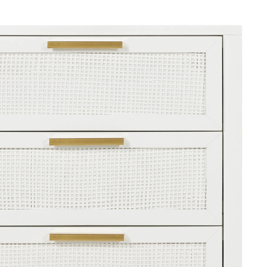 White Rattan Three Drawer Bedside Table