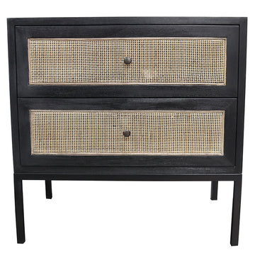 Cardrona Woven Rattan Two Drawer Bedside Table - Rustic Black & Natural