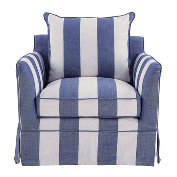 Hamptons Contemporary Slip Cover Armchair - Denim Blue & Off-White Striped