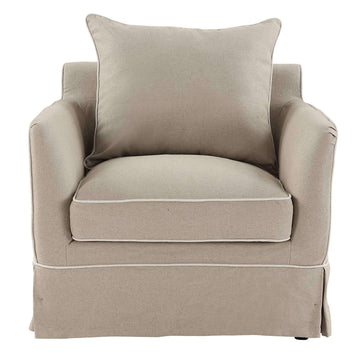 Hamptons Contemporary Slip Cover Armchair - Natural & White Piping