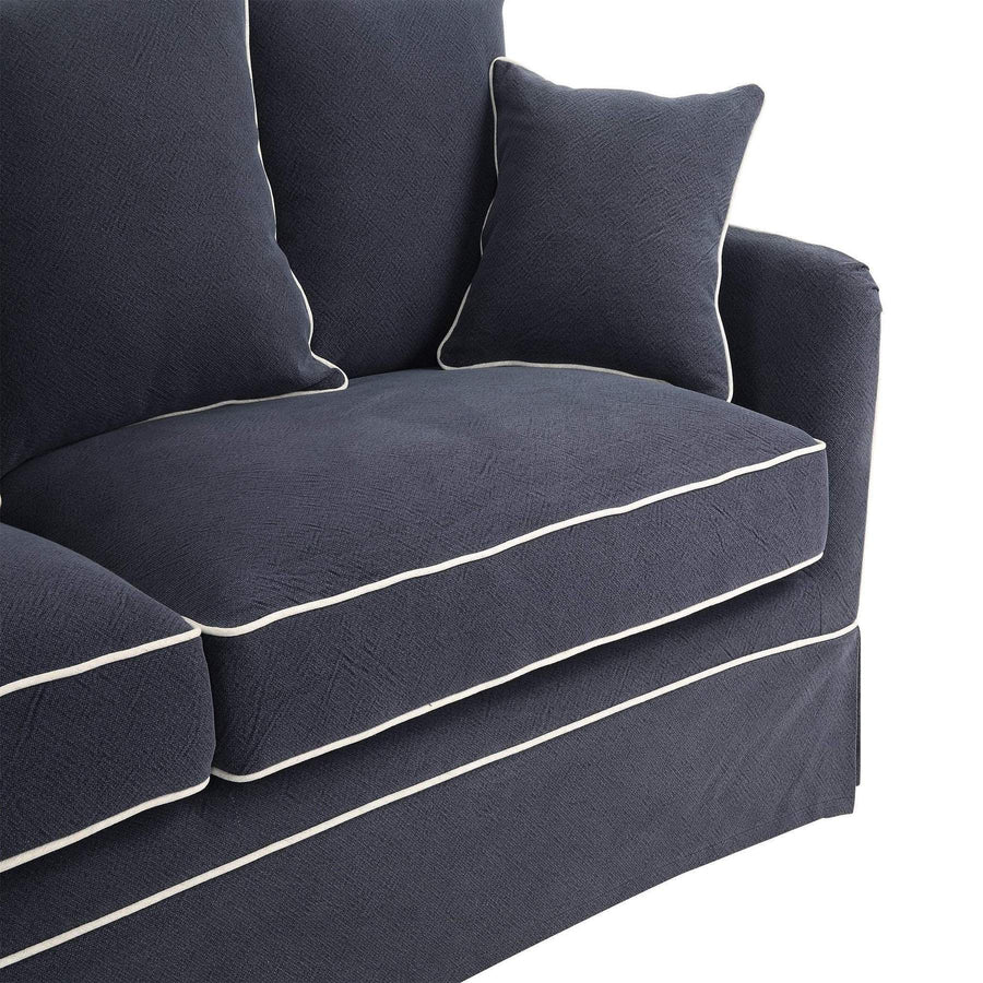 Hamptons Contemporary Three Seater Slip Cover Sofa - Navy Blue & White Piping