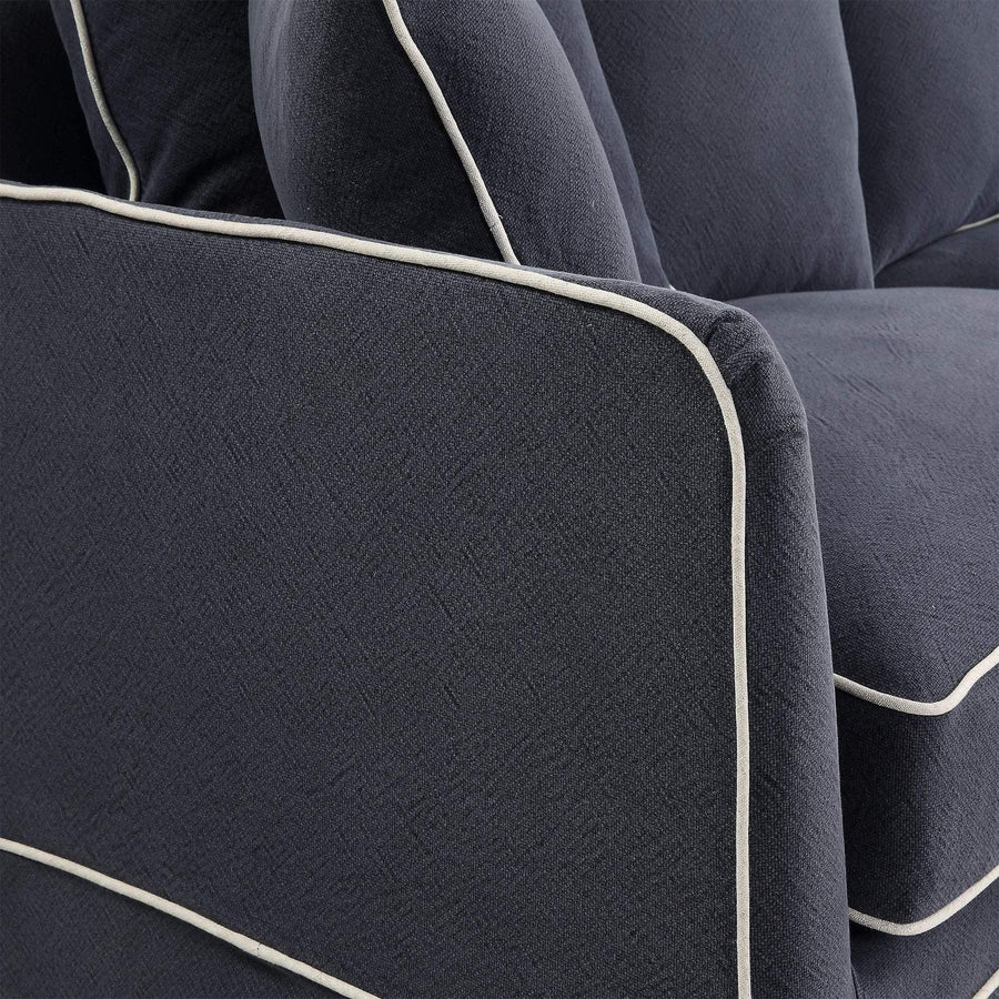 Hamptons Contemporary Three Seater Slip Cover Sofa - Navy Blue & White Piping