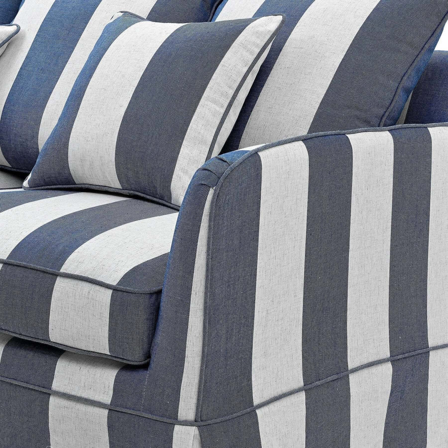Hamptons Contemporary Three Seater Slip Cover Sofa - Denim Blue & Off-White Striped