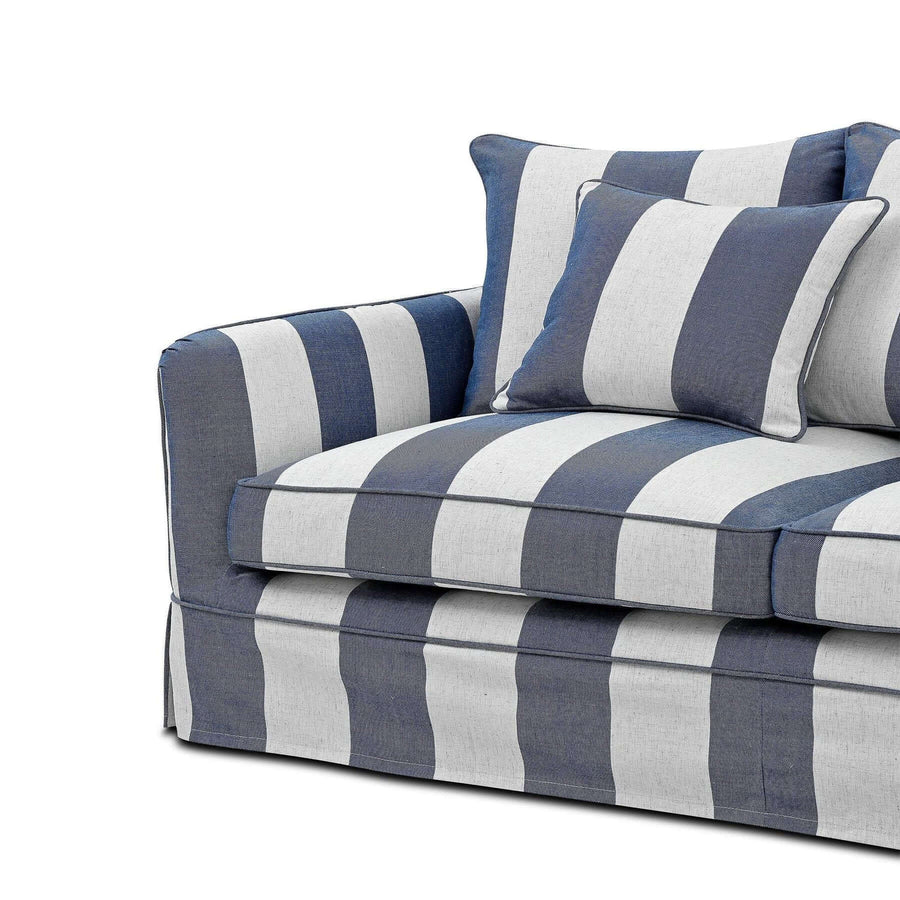 Hamptons Contemporary Three Seater Slip Cover Sofa - Denim Blue & Off-White Striped