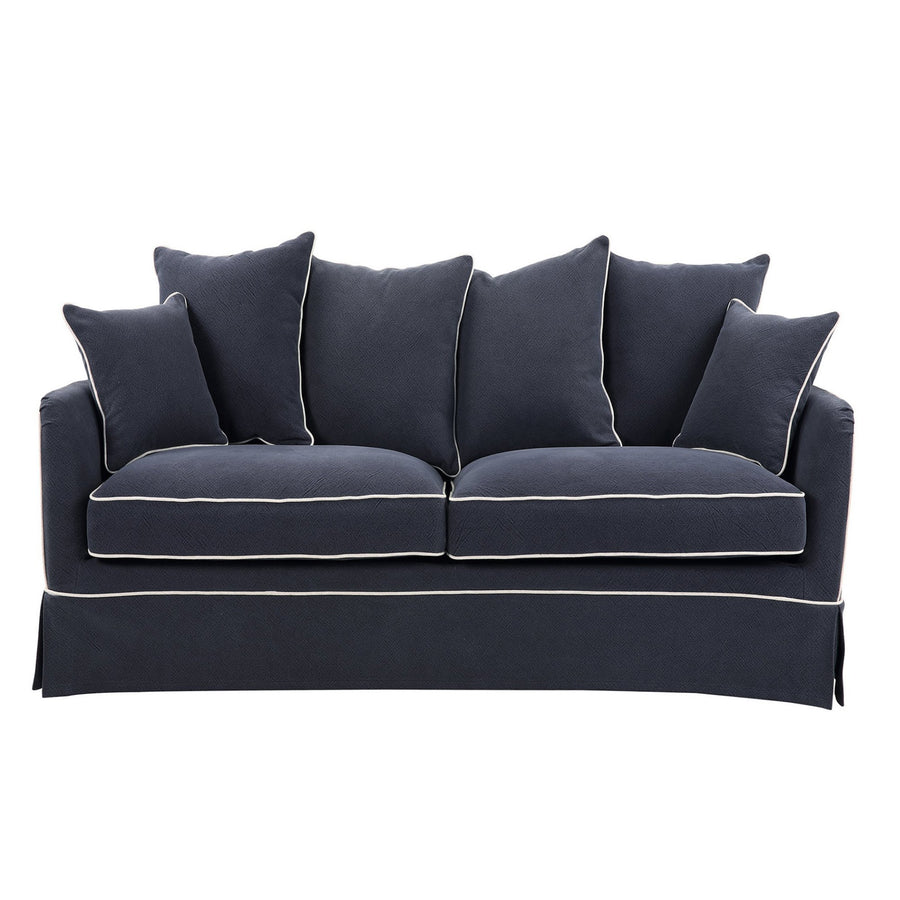 Hamptons Contemporary Two Seater Slip Cover Sofa - Navy Blue & White Piping