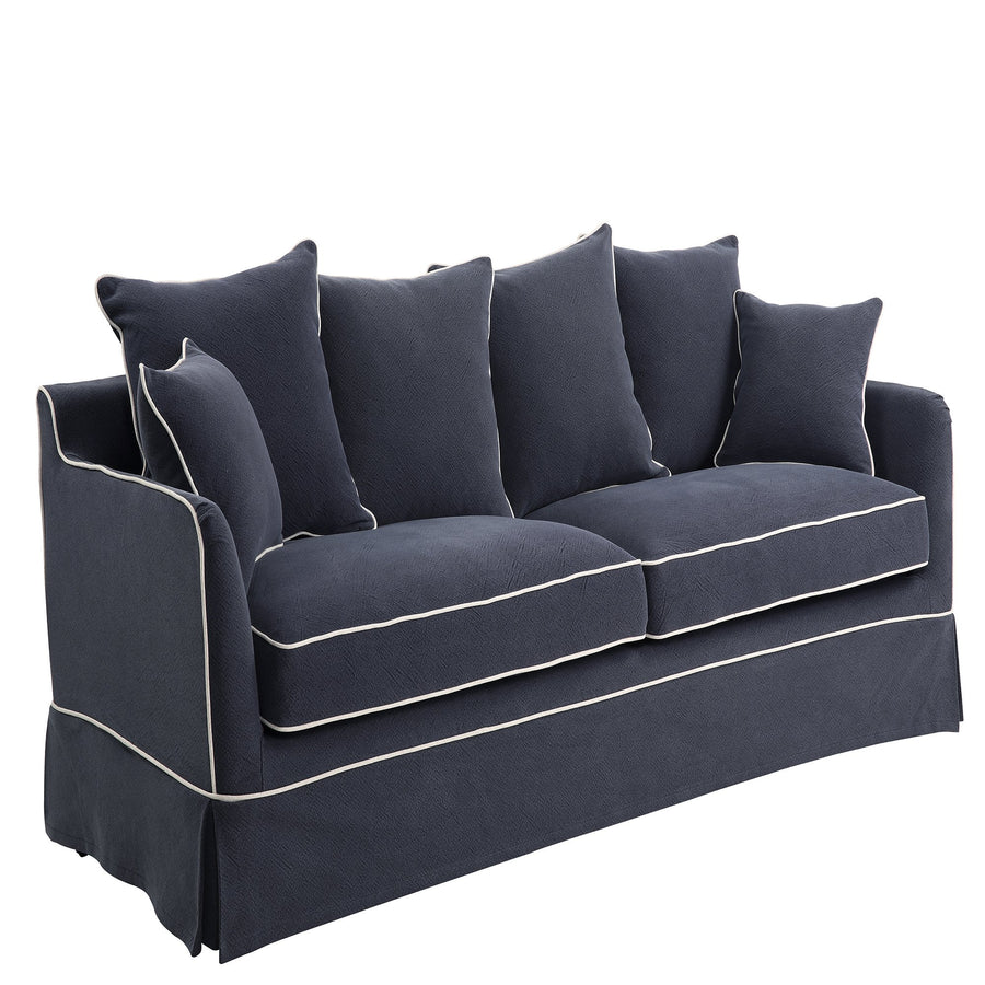 Hamptons Contemporary Two Seater Slip Cover Sofa - Navy Blue & White Piping