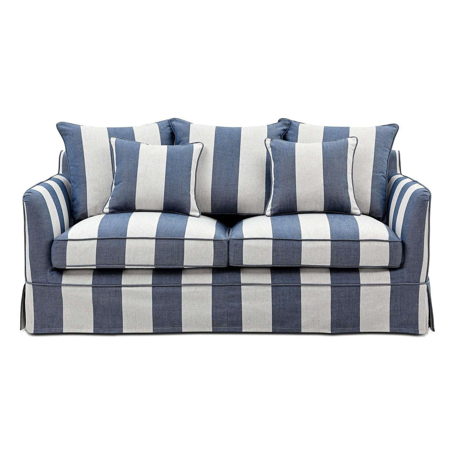 Hamptons Contemporary Two Seater Slip Cover Sofa - Denim & Off-White Striped
