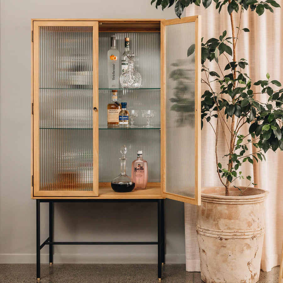 Natural Oak & Fluted Glass High Cabinet