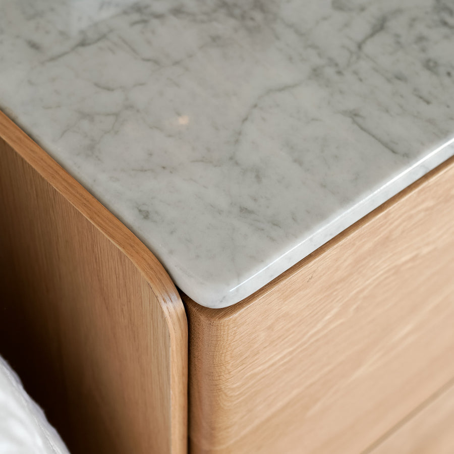 Oak Cube Two Drawer Bedside Table - Carrara Marble Top