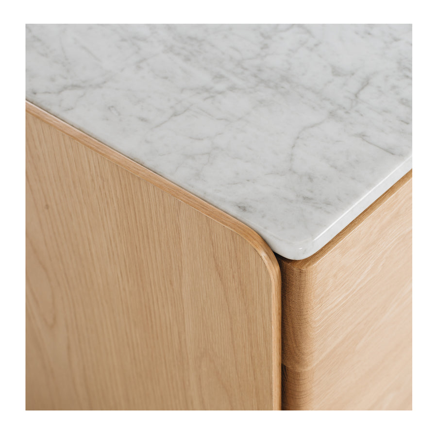 Oak Cube Two Drawer Bedside Table - Carrara Marble Top