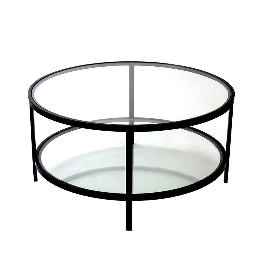 Round Glass & Black Iron Two Tier Coffee Table