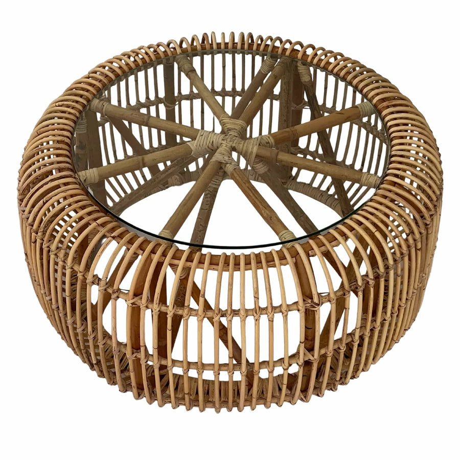Round Natural Rattan Glass Top Coffee Table