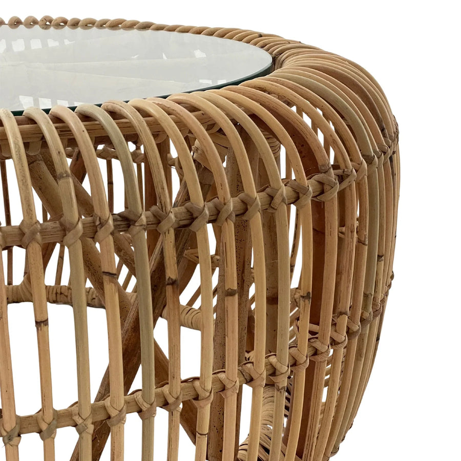 Round Natural Rattan Glass Top Coffee Table