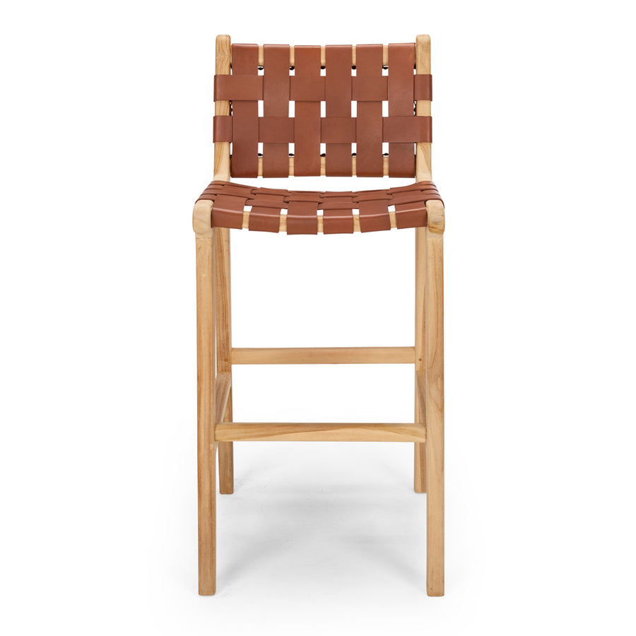 Solid Teak & Woven Leather Highback Barstool - Natural & Tan