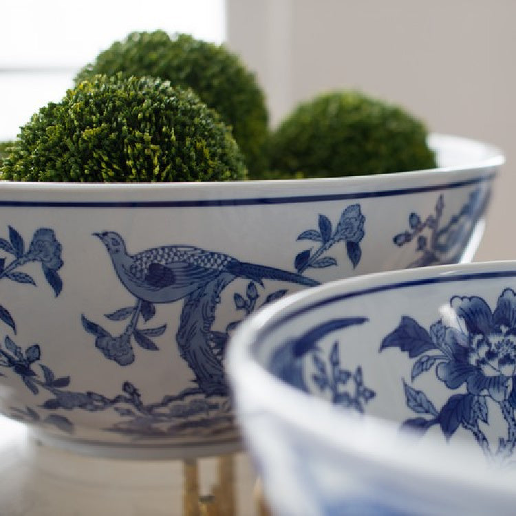 Set of Two Large Blue & White Decorative Bowls